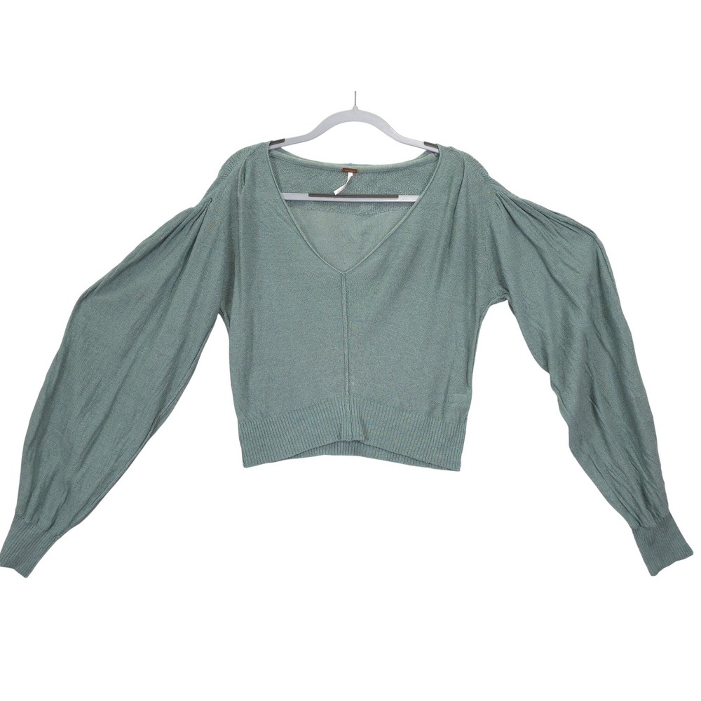 Free People Cropped V Neck Sweater Women M Sage Green Balloon Sleeve Knit